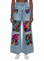 Women’s Artificial Expressions Paint Washed Wide Leg Jeans