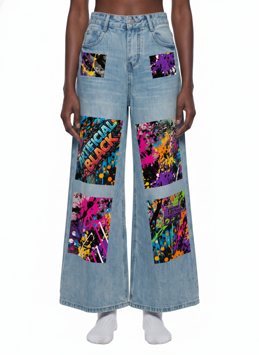 Women’s Artificial Expressions Paint Washed Wide Leg Jeans