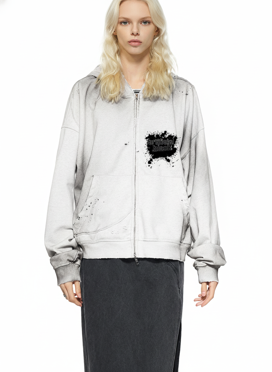 Sun Fade Frayed Raw Edge Fleece Zip Hoodie