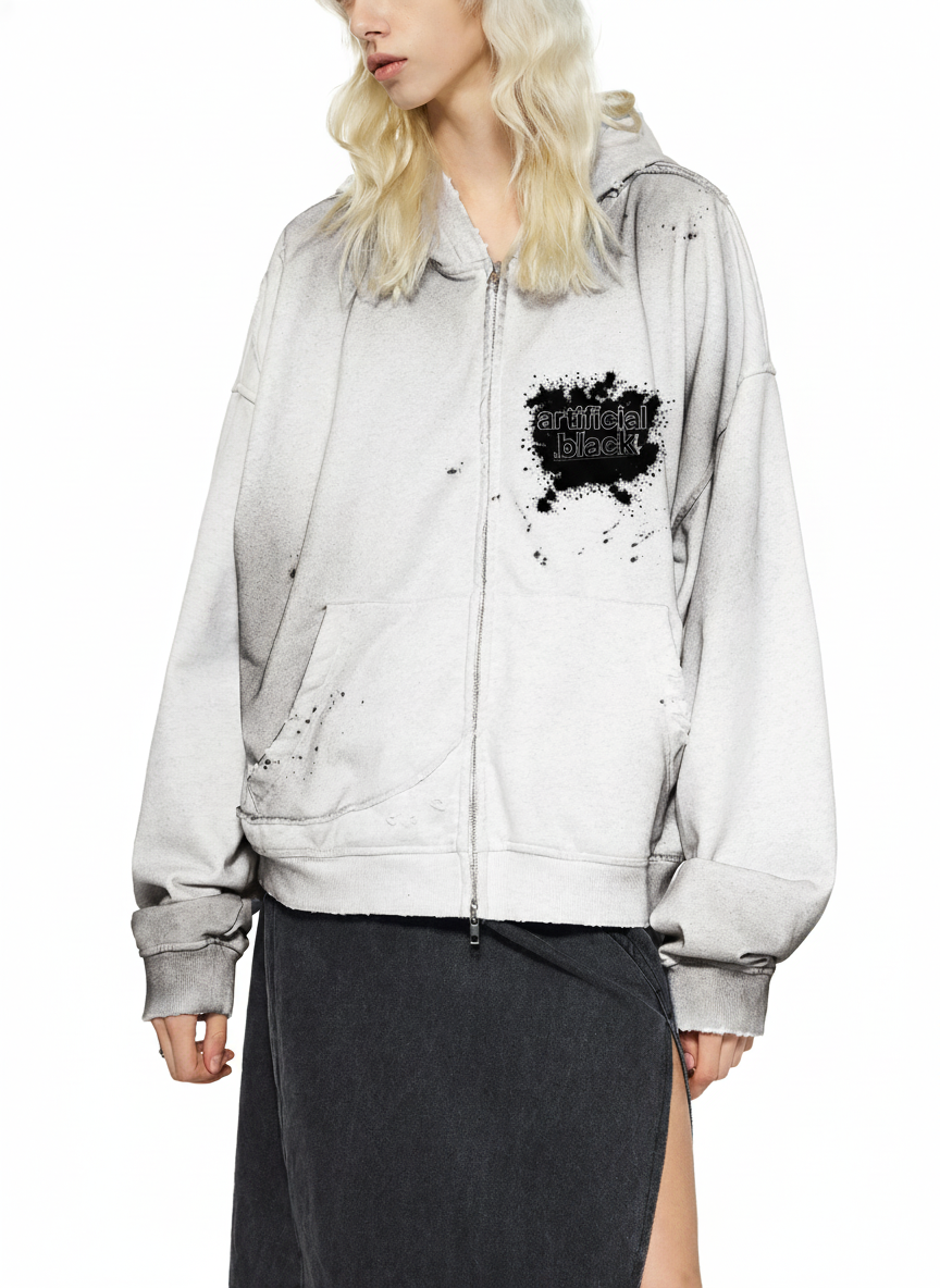 Sun Fade Frayed Raw Edge Fleece Zip Hoodie