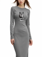 Gray long-sleeve dress with a wolf graphic and text on a white background